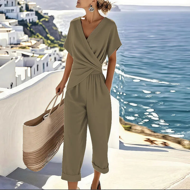 Wrap V-Neck Short Sleeve Twist Front Cropped Jumpsuit