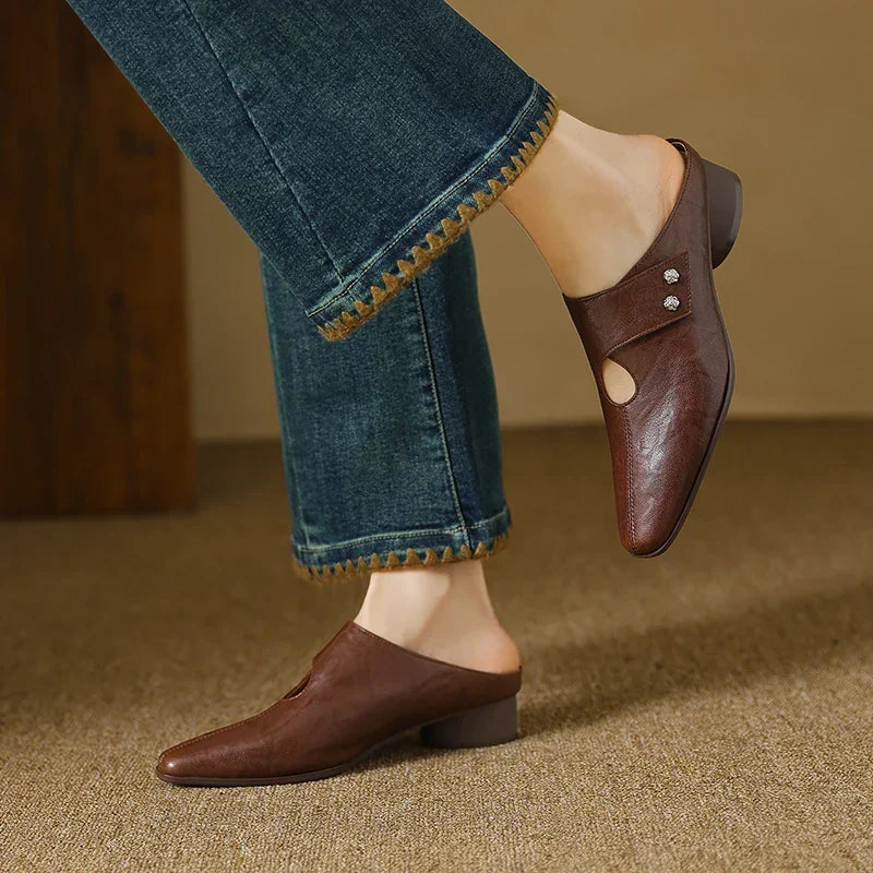 Square Toe Cut Out Block Heel Mules