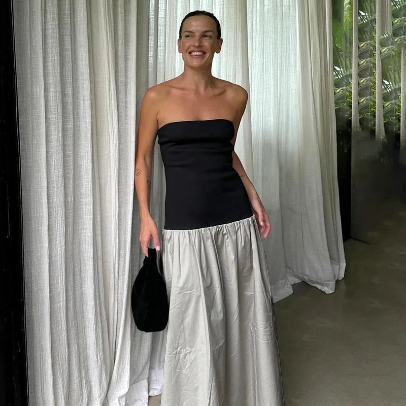 Strapless Colorblock Drop Waist Tube Maxi Dress 19