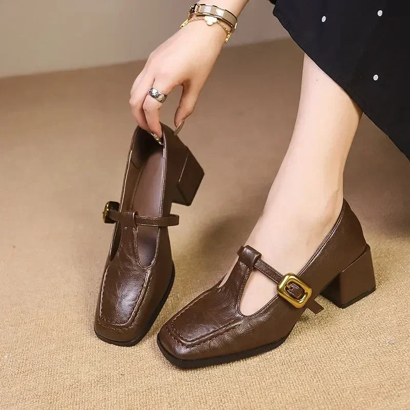 Square Toe T-Strap Buckle Block Heel Mary Jane Pumps