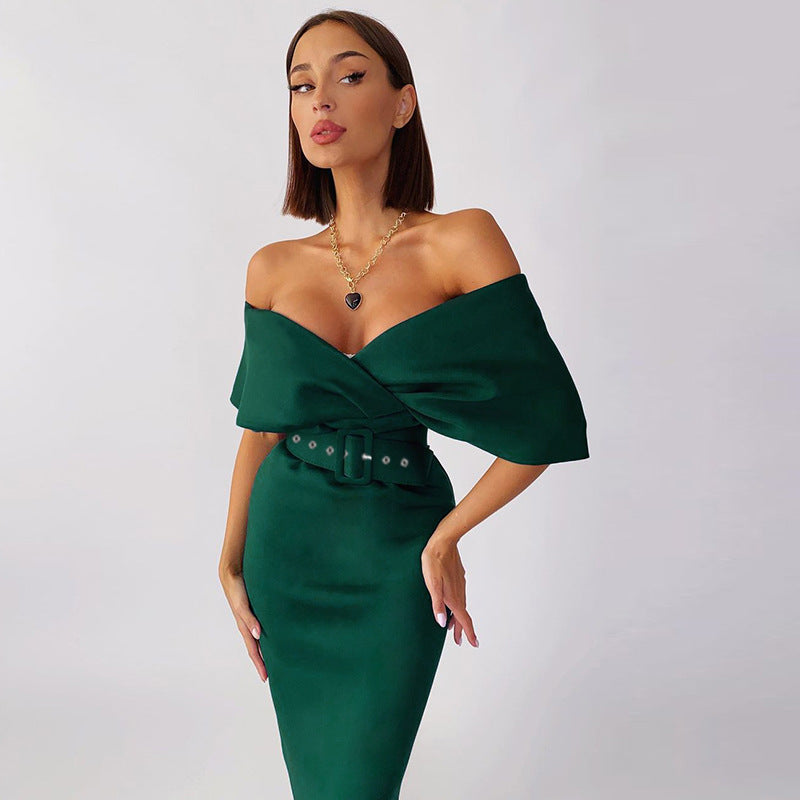 Satin Deep V-Neck Batwing Sleeve Belted Bodycon Midi Dress
