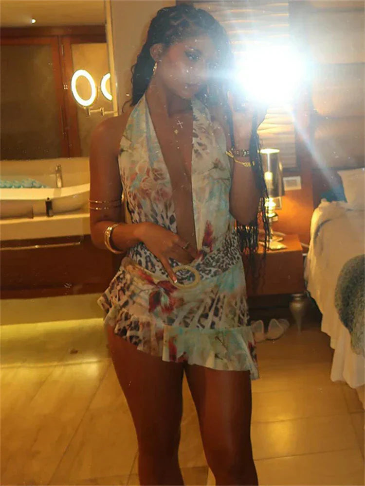 Halter Deep V-Neck Backless Ruffle Hem Mini Beach Dress