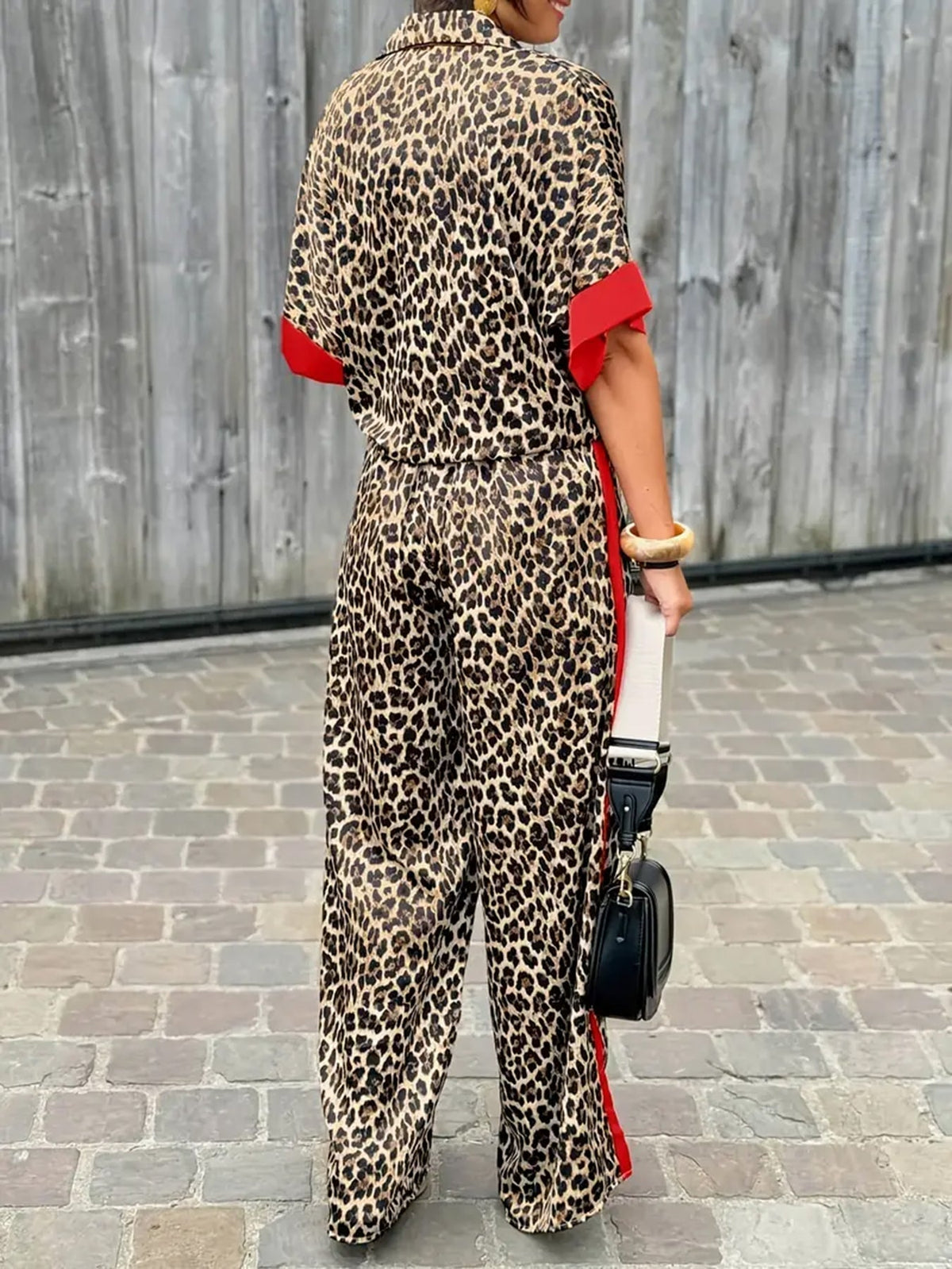 Leopard Print Contrast Trim Shirt and Wide Leg Pants Two Piece Set