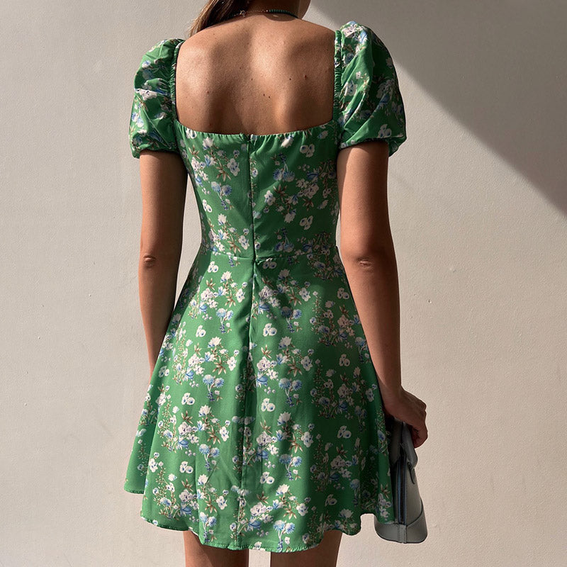 Floral Print Sweetheart Neck Puff Sleeve Button Front Split Mini Dress 6