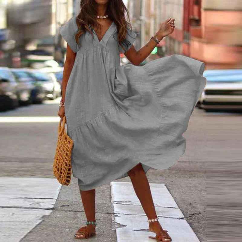 Cotton Linen Oversize Loose Vneck Boho Dress