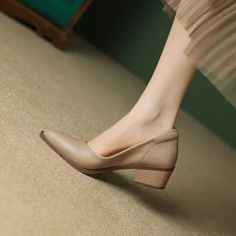Pointed Toe Slip On Block Heel Pumps