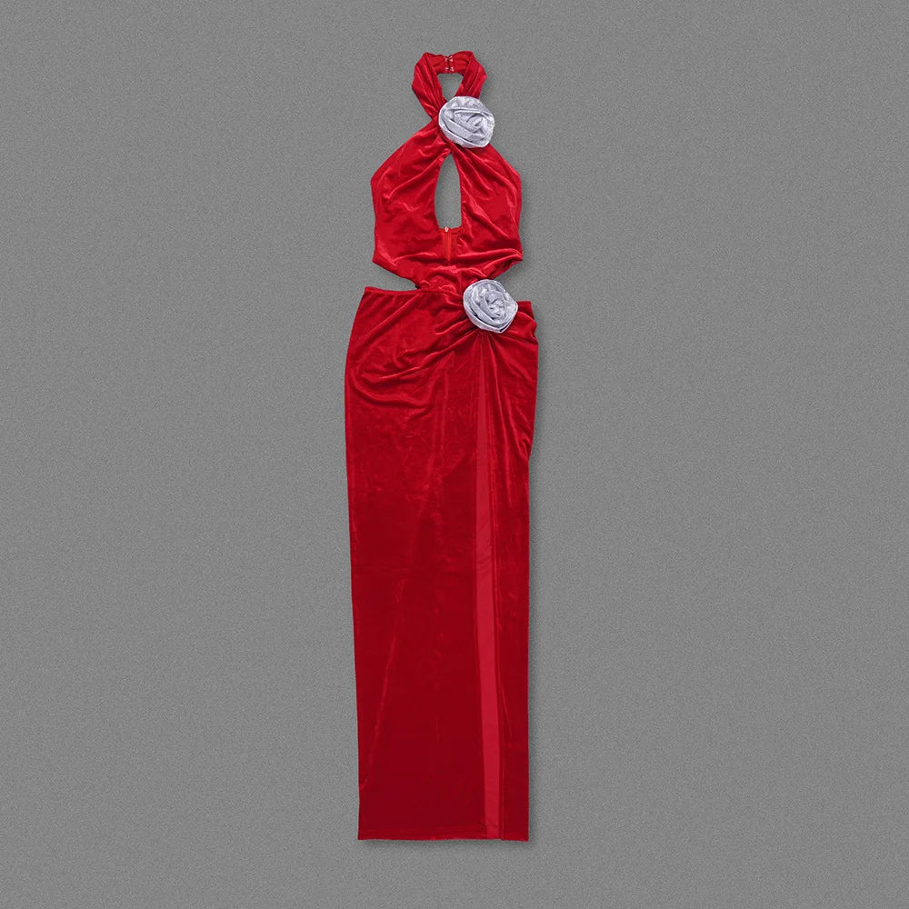 Red Velvet Maxi 3D Flower Evening Gown