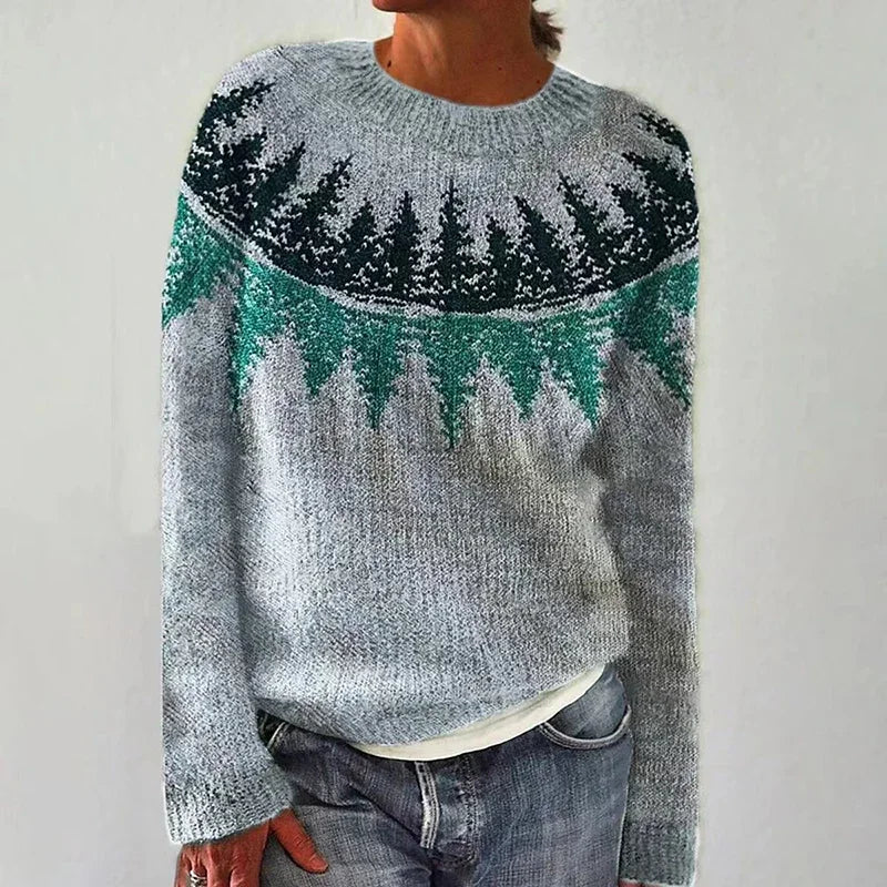 Crew Neck Long Sleeve Forest Tree Print Knit Sweater