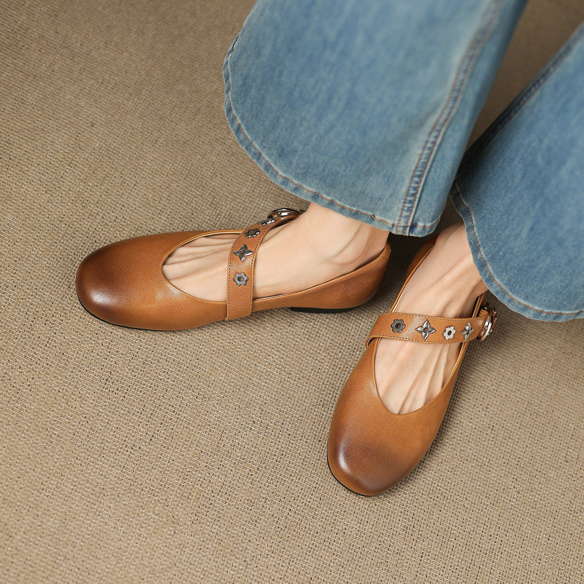 Square Toe Buckle Ankle Strap Mary Jane Flats
