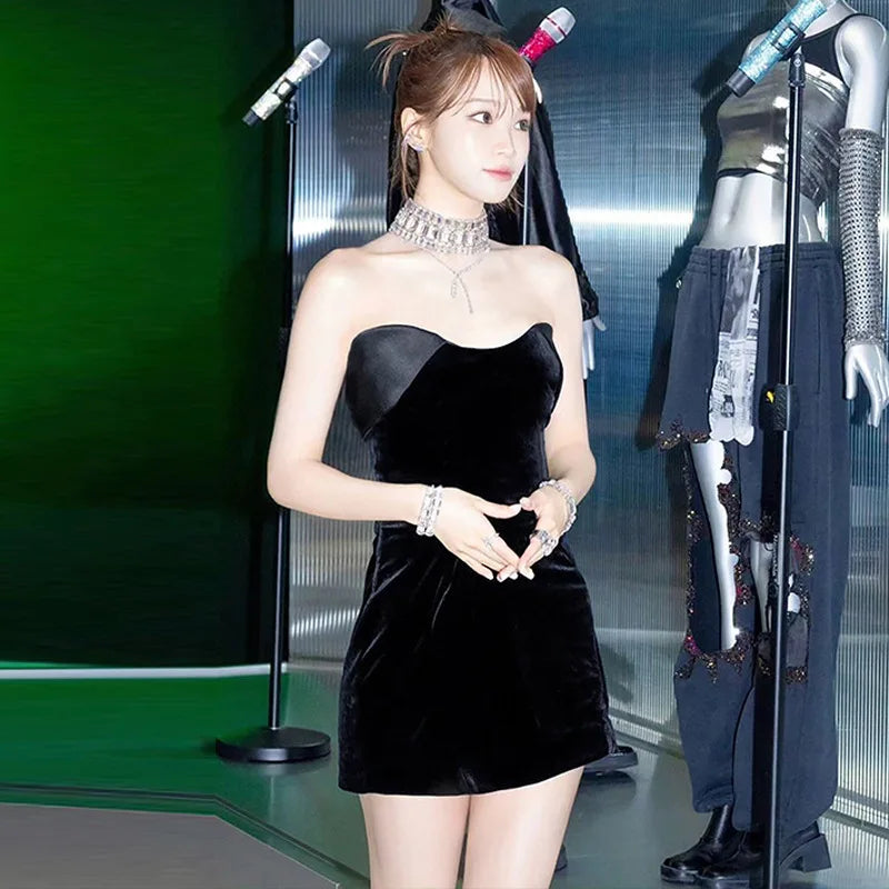 Velvet Strapless Fold Over Neckline Bodycon Mini Dress 18