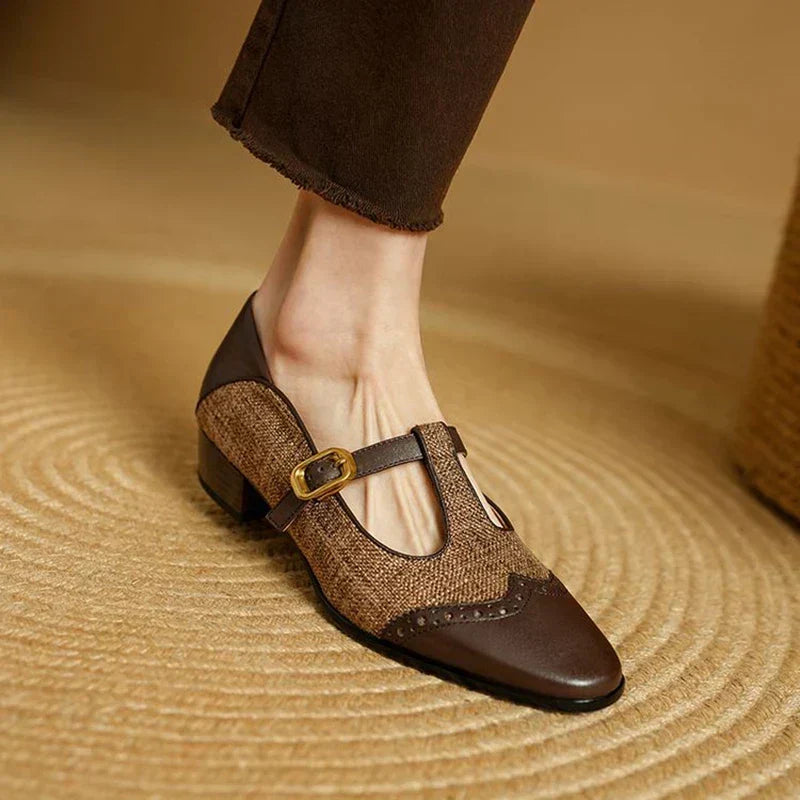 Pointed Toe T-Strap Buckle Brogue Flats