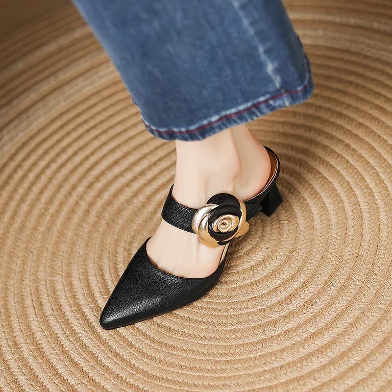 Pointed Toe Floral Buckle Spool Heel Mules