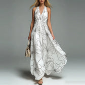 Tropical Print Halter Neck Deep V-Neck Backless Maxi Dress 3