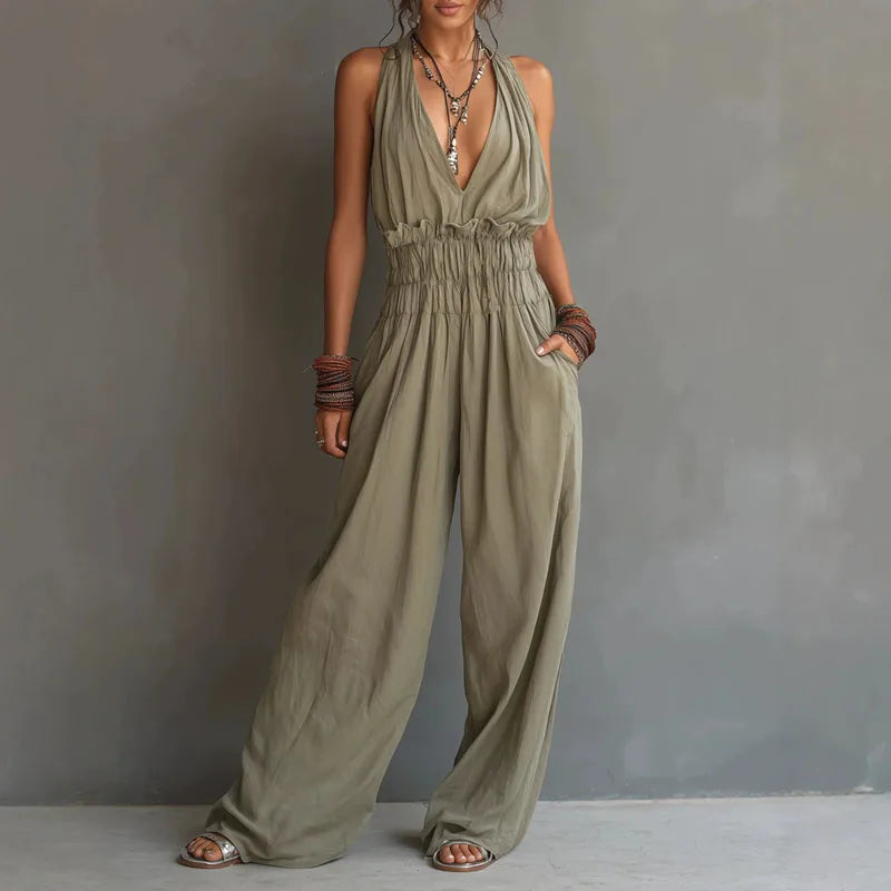 Halter Deep V-Neck Smocked Waist Wide Leg Jumpsuit