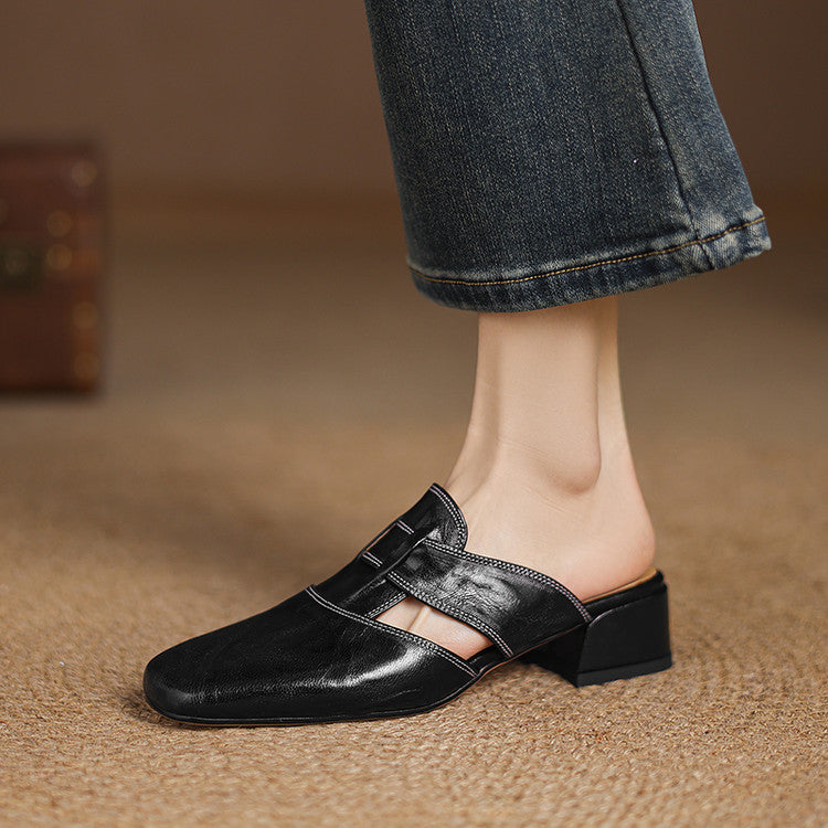 Pointed Toe Block Heel Slip On Mules