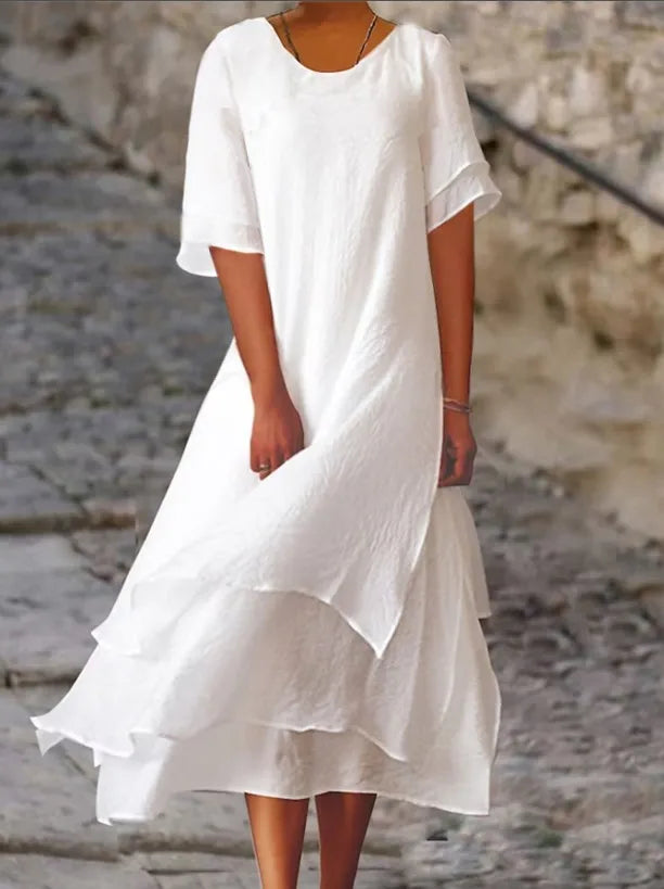 Eva Effortless Double Layered Slit Short Sleeved Dress with Round Neck Statement Occasion Edit