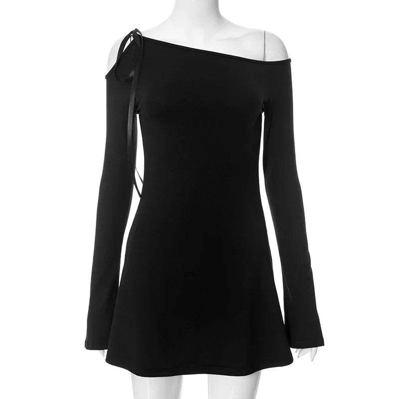 Asymmetric Off Shoulder Long Sleeve Ribbon Tie A-Line Mini Dress 7