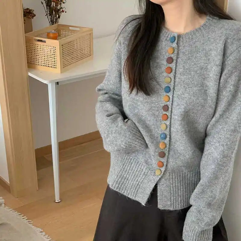Crew Neck Button Front Ribbed Knit Cardigan
