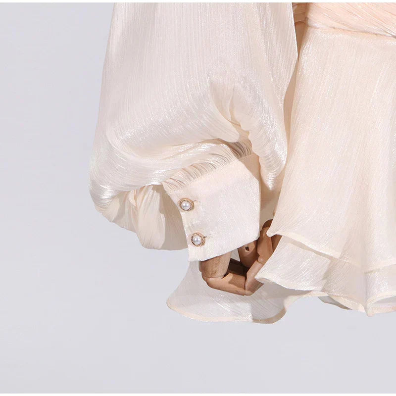 Pleated Chiffon Tie Neck Lantern Sleeve Sash Waist Ruffle Mini Dress 13