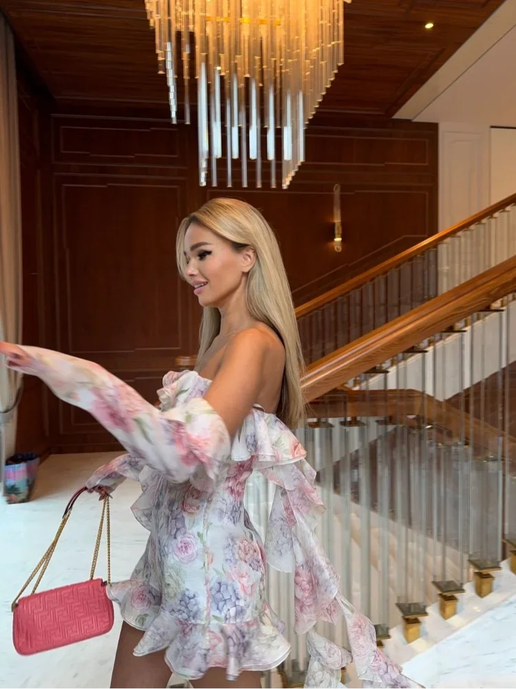 Pink Chiffon Off Shoulder Layered Floral Dress 5