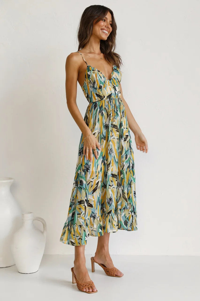 Abstract Print Spaghetti Strap V-Neck Midi Dress