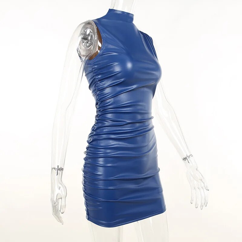 Faux Leather Mock Neck Sleeveless Ruched Bodycon Mini Dress 5