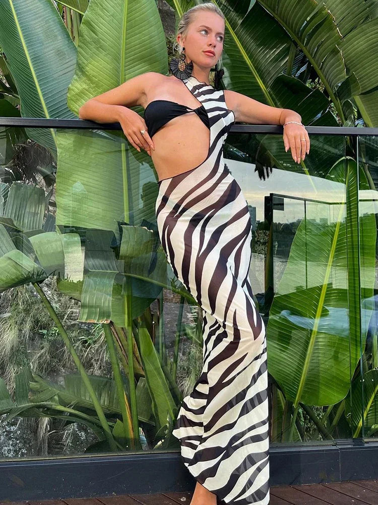 Striped Hollow Out Mesh Maxi Dress 5