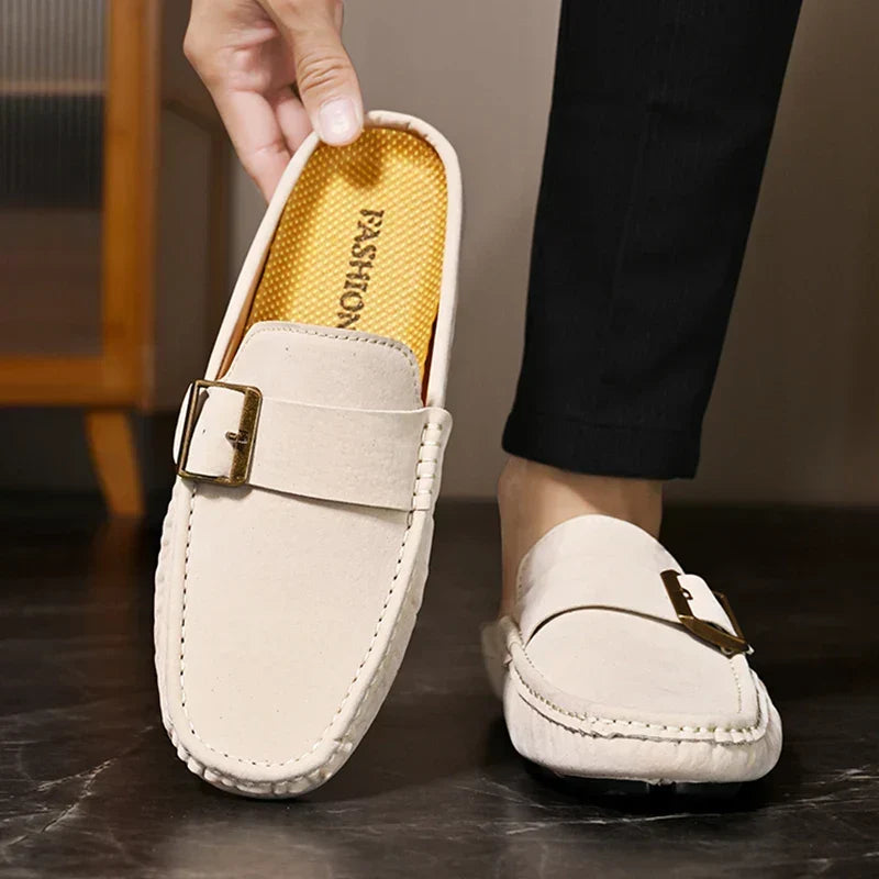 Suede-Look Buckle Backless Loafer Mules