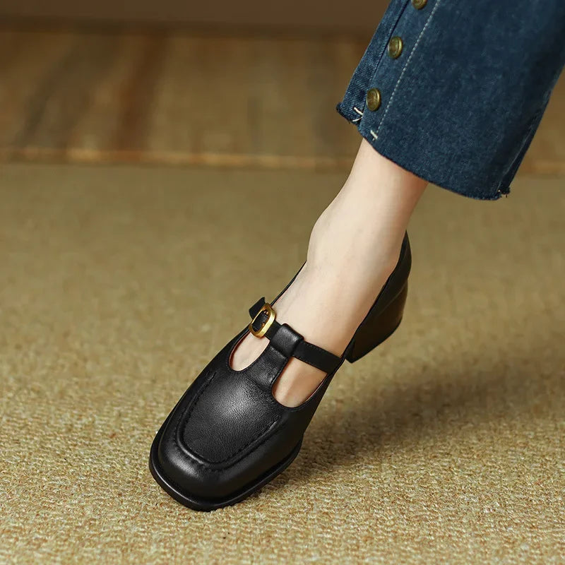 Square Toe T-Strap Buckle Mary Jane Flats