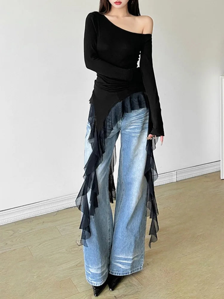 Irregular Patchwork Gauze Sheer Top