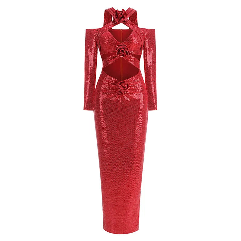 Luxury V - Neck Slit Evening Dress â€?Floral Hem Party Elegance