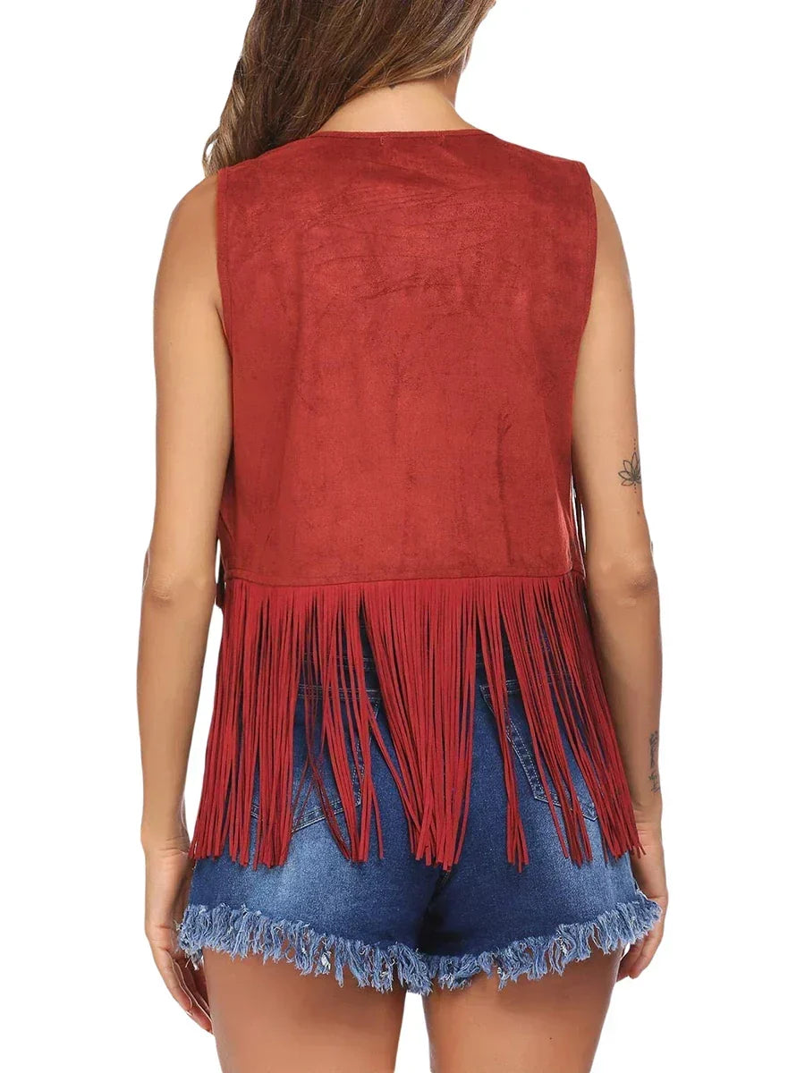 Fringe Suede Look Open Front Vest