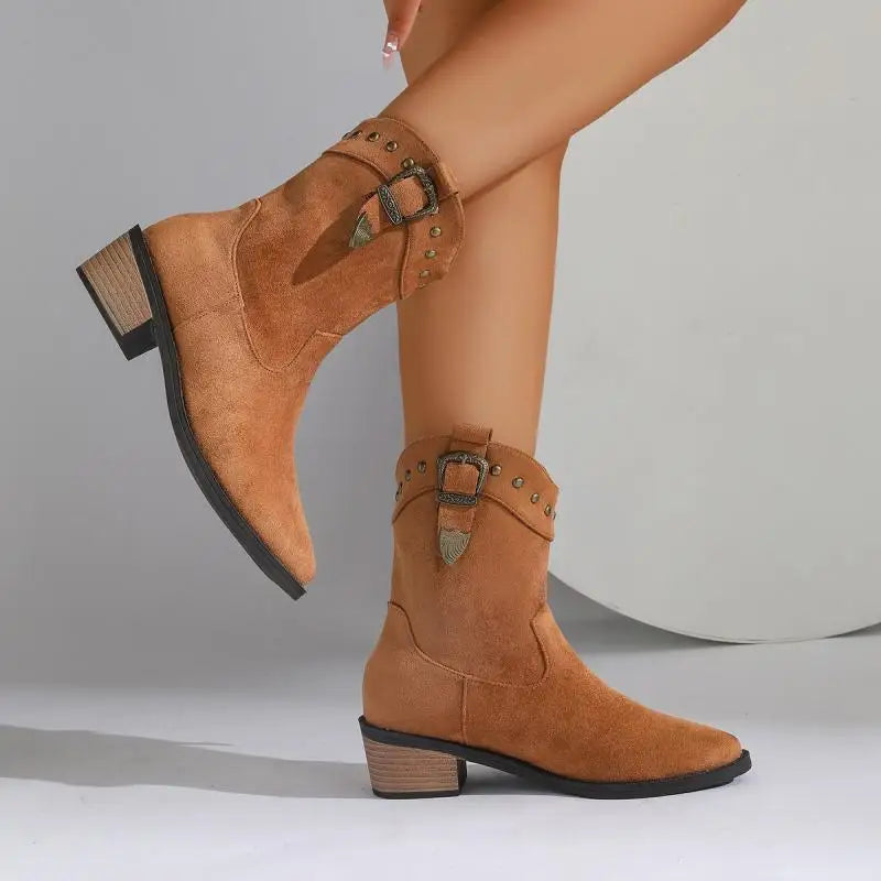 Suede Look Studded Buckle Western Block Heel Ankle Boots