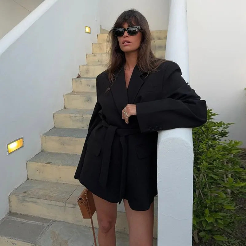 Lace - up V Neck Solid Blazer Dress