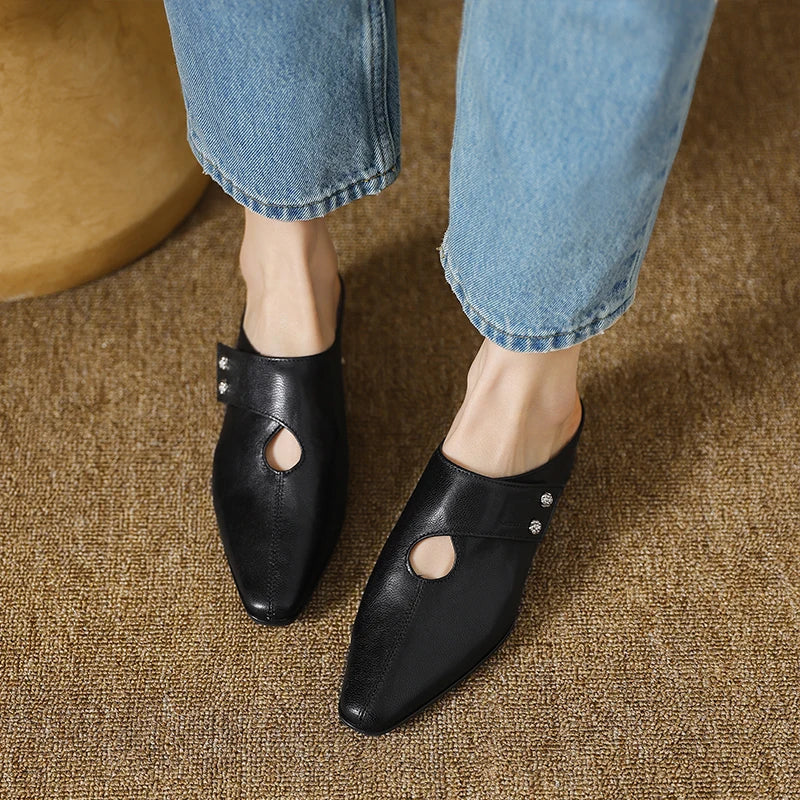 Square Toe Cut Out Block Heel Mules