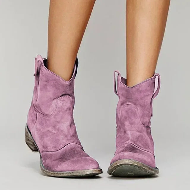 Distressed Suede Look Western Ankle Boots