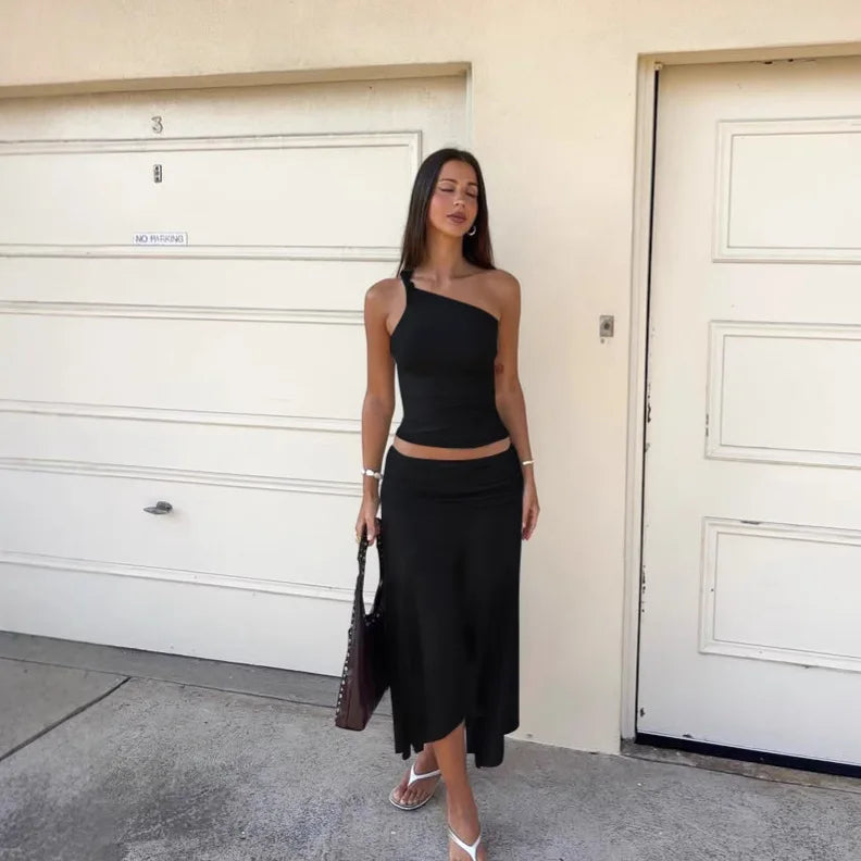 Fold Over One Shoulder Maxi Knit Set