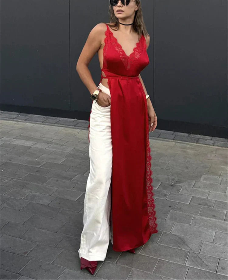 Lace Trim V-Neck Sleeveless High Split Slip Maxi Dress 3