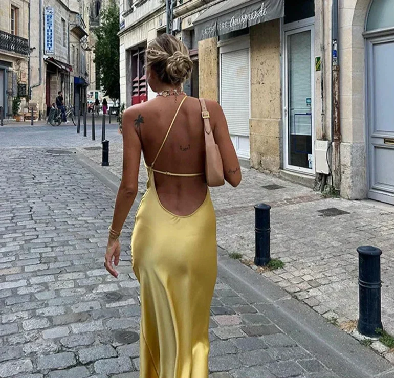 Satin Backless Asymmetric Strap Low Back Slip Maxi Dress