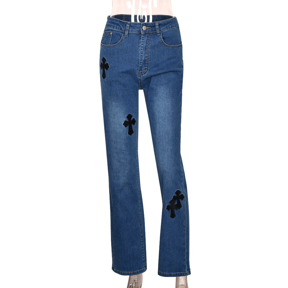 Women Low Waist Vintage Straight Denim Trousers Cyber Y2k Goth Pants Fashion Mom Jeans