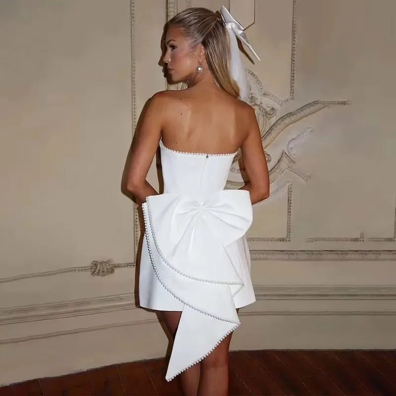 Pearl Bow Waist Wrap Backless Mini Dress 8