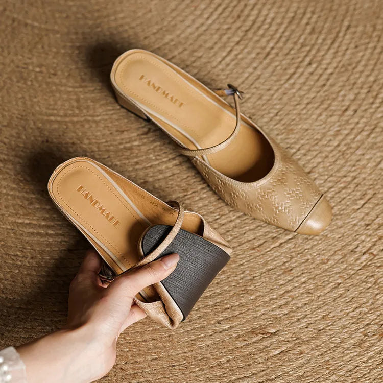 Embossed Square Toe Buckle Strap Block Heel Mary Jane Pumps