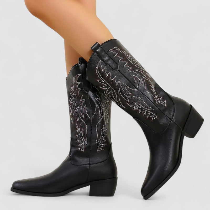 Embroidered Pointed Toe Block Heel Western Cowboy Boots