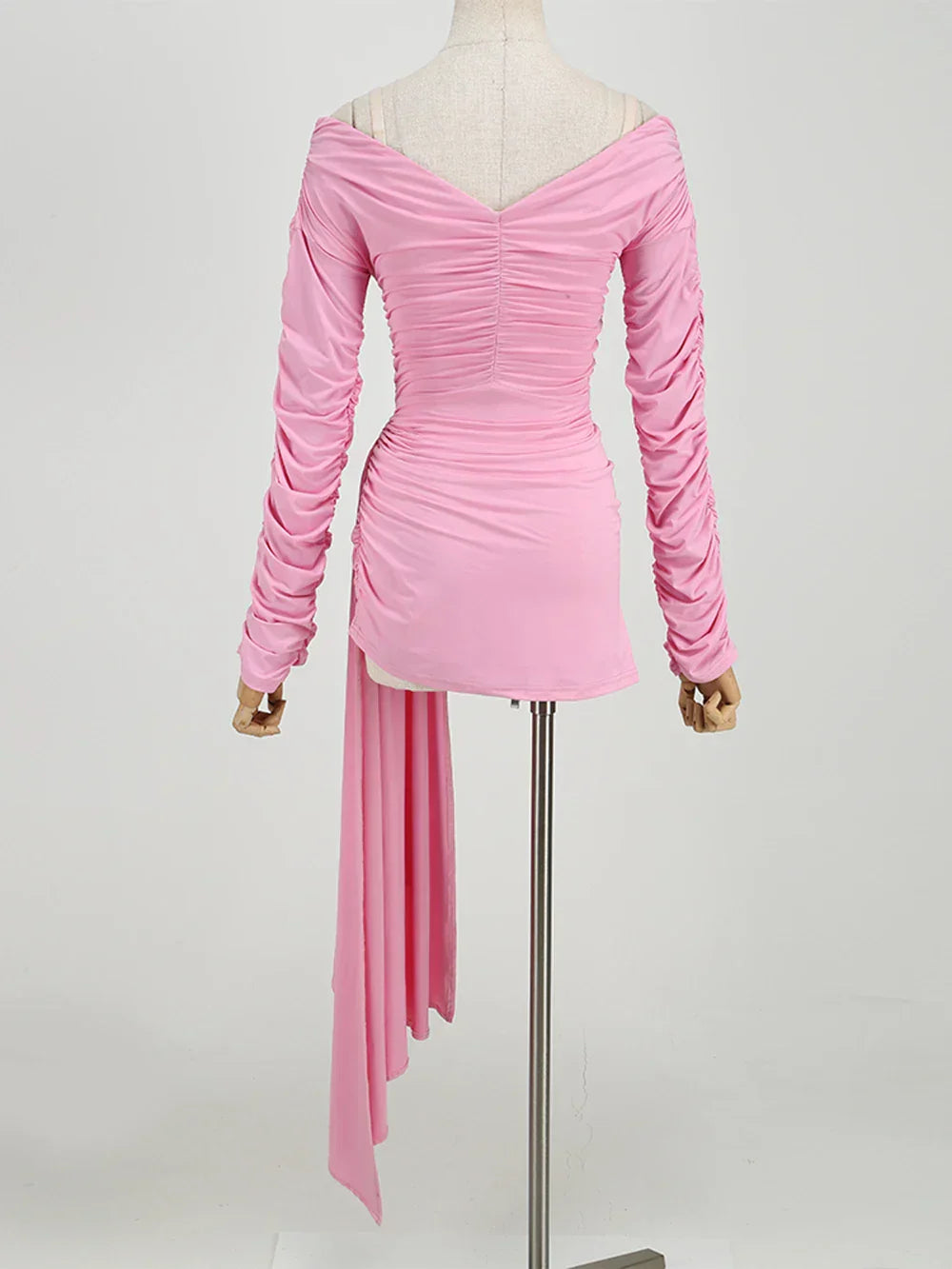Pink Hollow Out Long Sleeved V - Neck Mini Dress