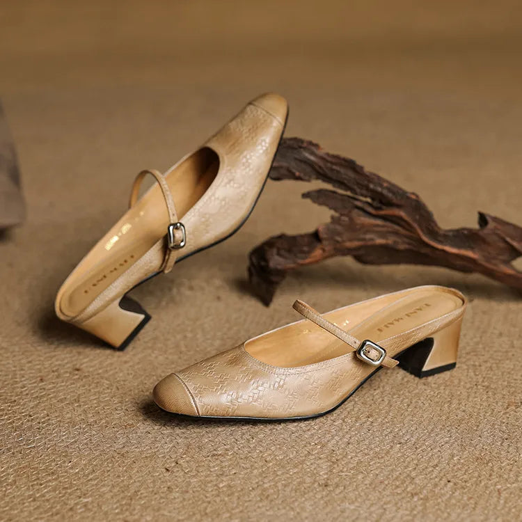 Embossed Square Toe Buckle Strap Block Heel Mary Jane Pumps