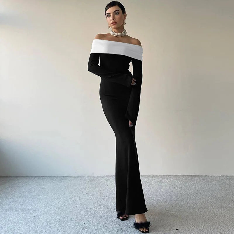 Black & White Off - the - Shoulder Maxi Dress with Long Sleeves