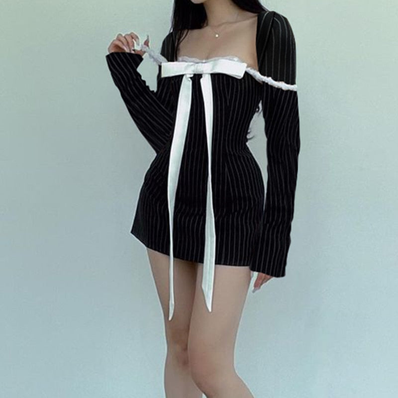 Pinstripe Square Neck Long Sleeve Bow Front Lace Trim Mini Dress 7