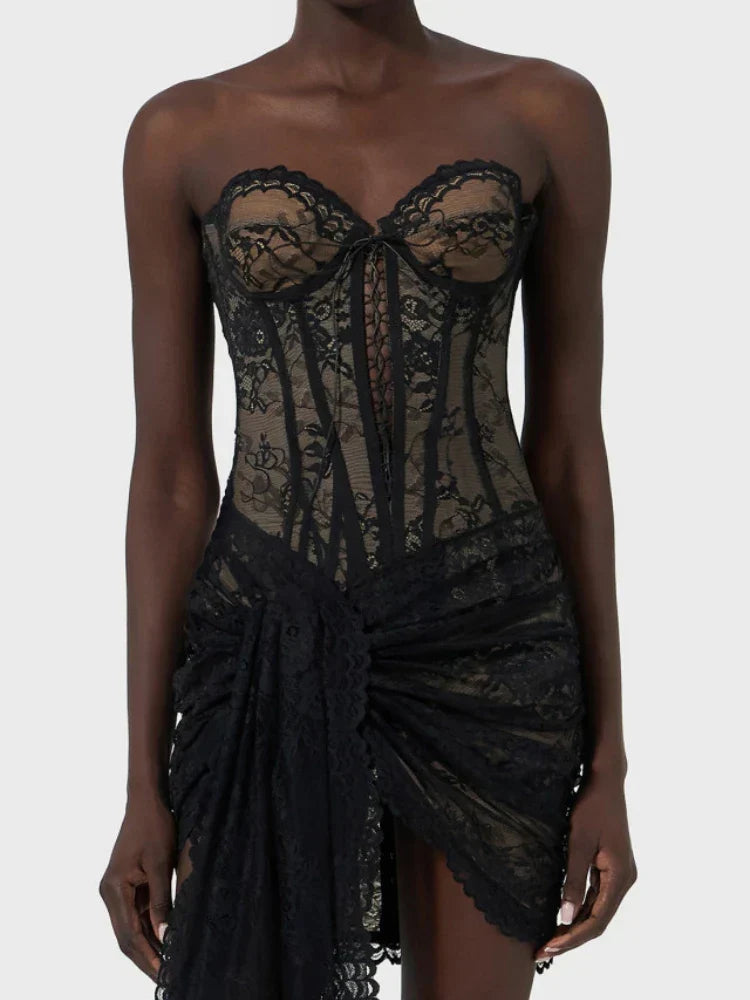 Lace Strapless Sweetheart Sheer Corset Bodycon Mini Dress