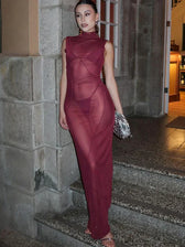 Mesh Sheer Stand Collar Maxi Dress 4