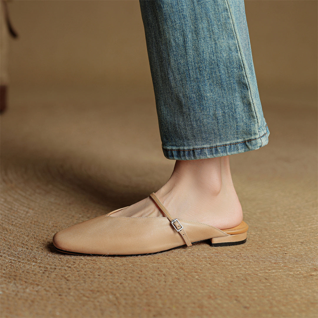 Square Toe Buckle Strap Flat Mules